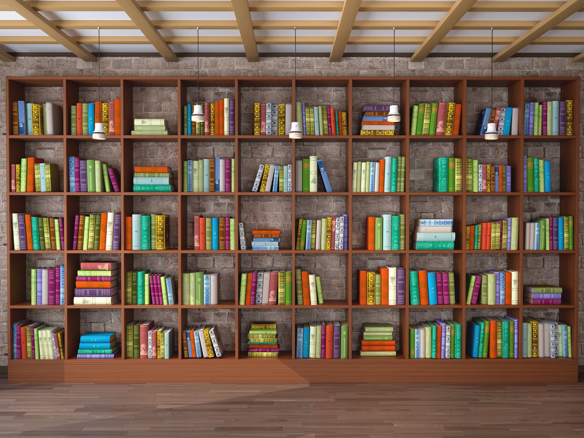 Wooden shelves in the room with different books. Library. 3d illustration.
